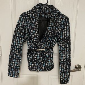 Griffin Paris Women's Belted Geometric Print Blazer Size M Black Blue